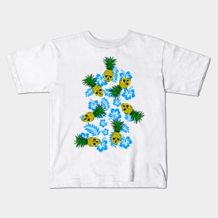 tropical pineapple skull in blue Kids T-Shirt